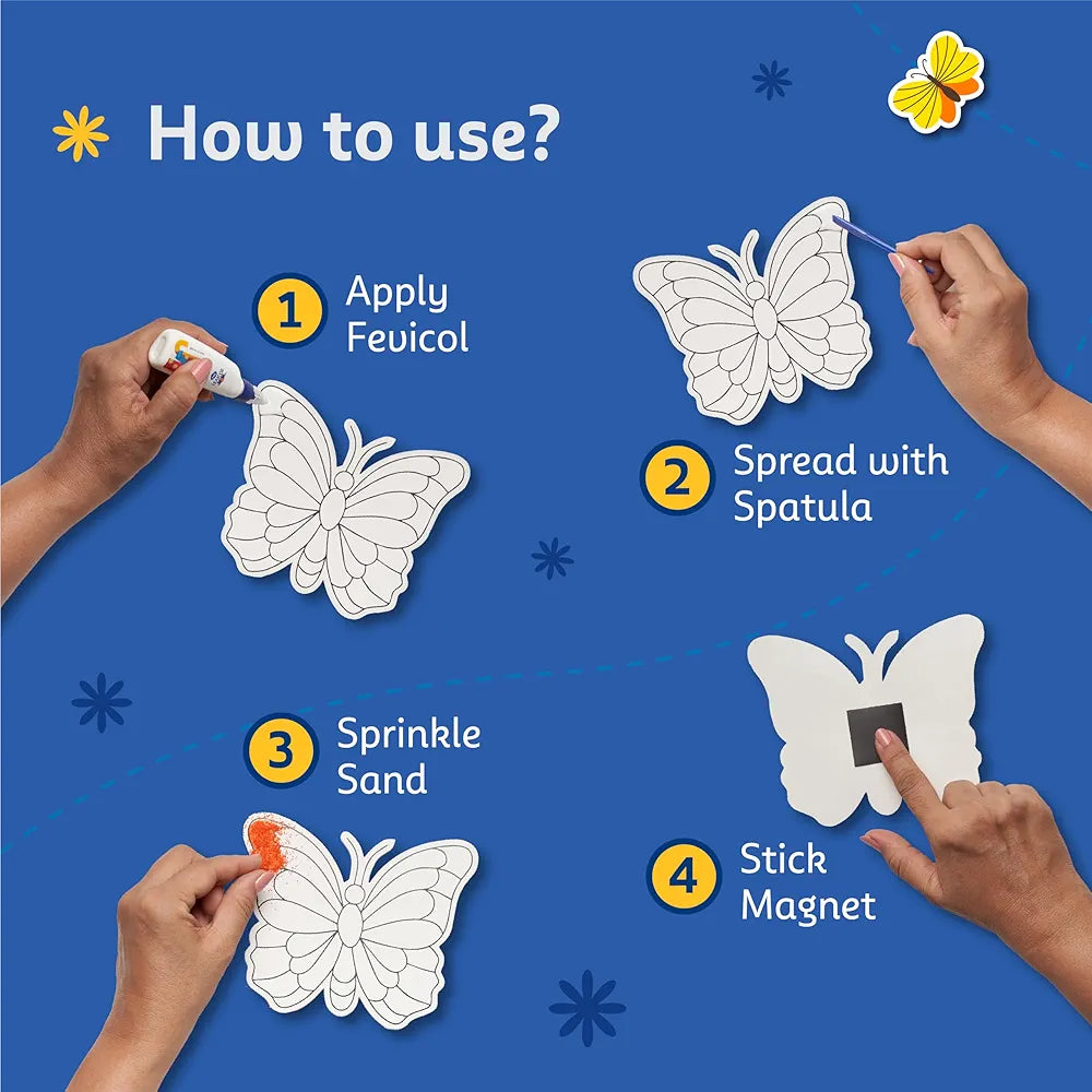Fevicreate Sand Art Butterflies Art & Craft Kit | Includes Butterfly Templates, Multi-Coloured Sand, Magnet Strip, Spatula & More | by Fevicol | Best Gift for Boys & Girls Age 5+ | Return Gift
