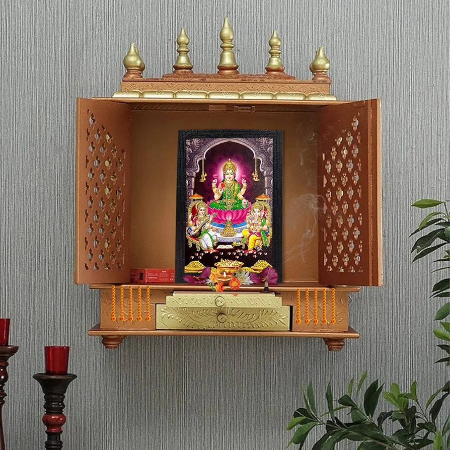 Lifehaxtore Lakshmi With Ganesha and Saraswati Photo Painting with Wooden Frame Black for Temple -Model 1