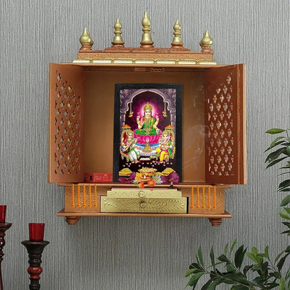 Lifehaxtore Lakshmi With Ganesha and Saraswati Photo Painting with Wooden Frame Black for Temple -Model 1