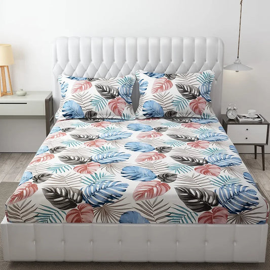 Fresh From Loom Microfiber Double Bed Bedsheet For King Size Bed Floral Design Bed Spread With 2 Pillow Covers 144 TC BBM White