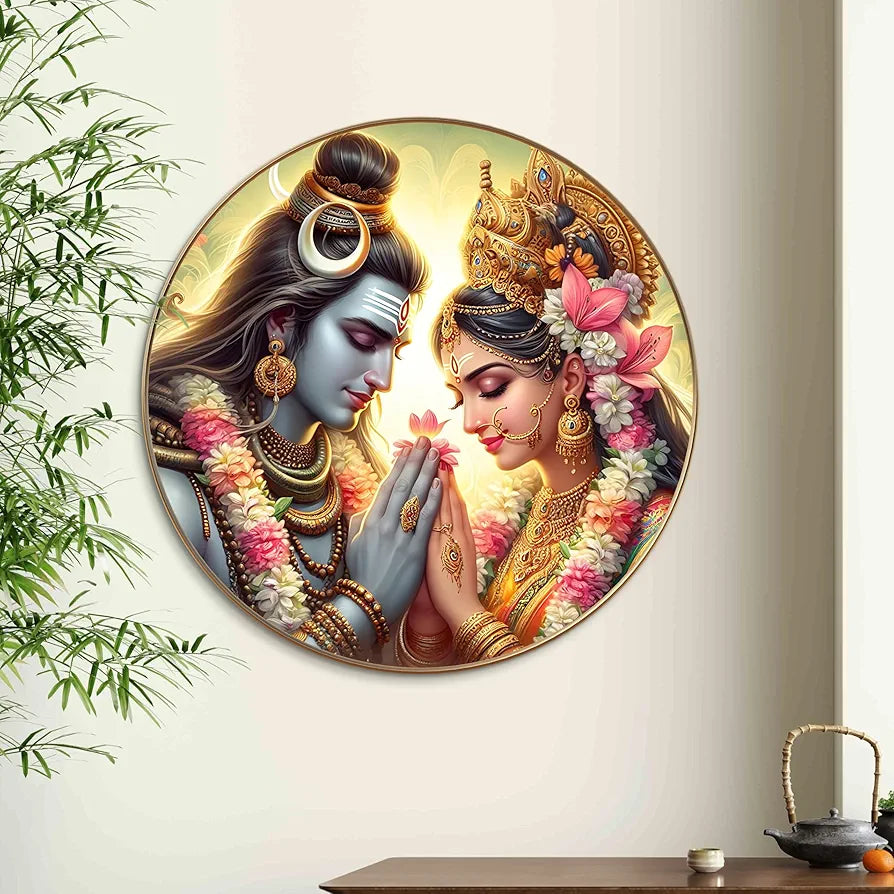 Livin'luxe Paintings Divine Shiva Parvati Wall Painting with Frame - Sparkle Glossy Round Golden Framed Large