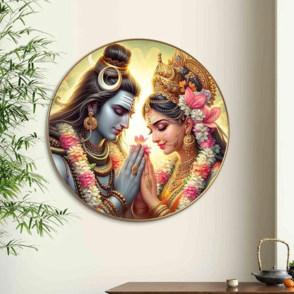 Livin'luxe Paintings Divine Shiva Parvati Wall Painting with Frame - Sparkle Glossy Round Golden Framed Large