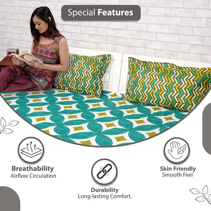 Divine Casa Double Size Bedsheet for Double Bed, 144 TC Pure Cotton Queen Size with 2 Pillow Covers Geometric Colour Emerald Olive