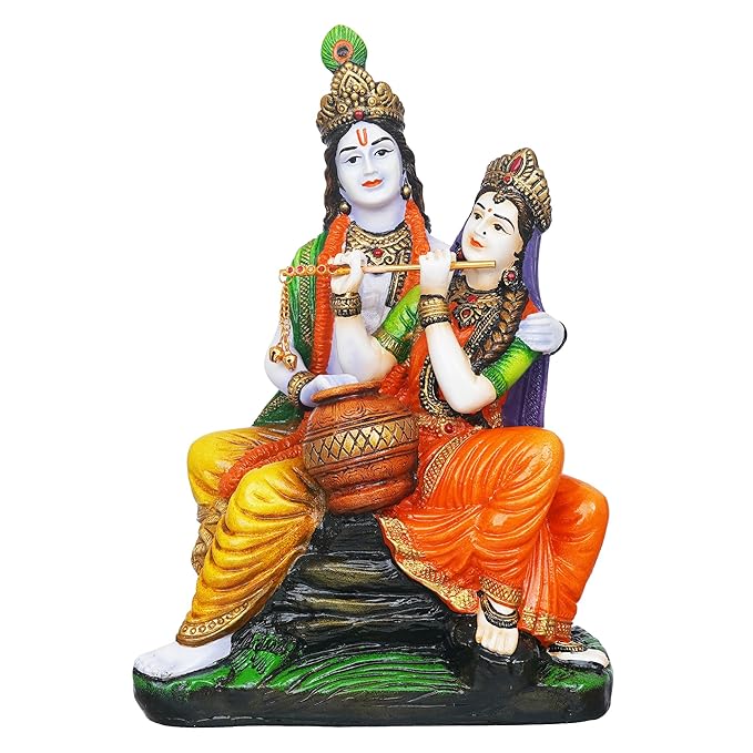 Ecraftindia Multicolor Polyresin Radha Krishna Idol Sitting on Rock Playing Flute and Holding Matki