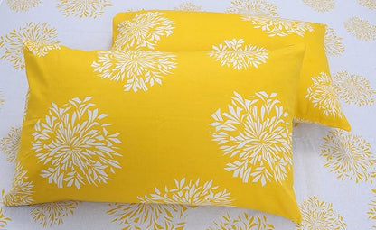 Huesland by Ahmedabad Cotton 144 TC King Size Bedsheet Cotton with 2 Pillow Covers | White & Yellow