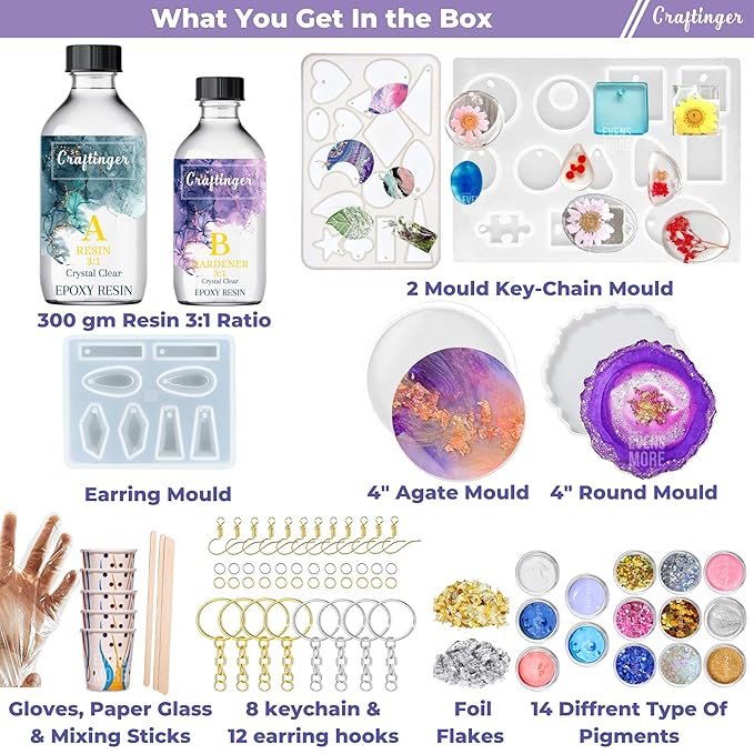 Craftinger Diy Resin Keychain Coaster Jwellery Making Kit With 300gm Epoxy Resin&mould, Glitter Pigments and More | Multicolor