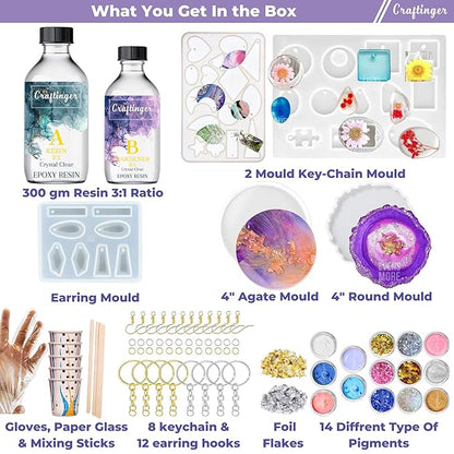 Craftinger Diy Resin Keychain Coaster Jwellery Making Kit With 300gm Epoxy Resin&mould, Glitter Pigments and More | Multicolor