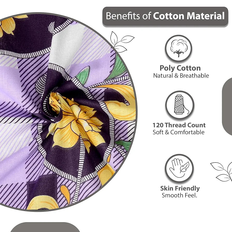 Divine Casa 144 TC 100% Cotton Bedsheet for Single Bed Floral Print with 1 Pillow Cover Colour Royal Lilac