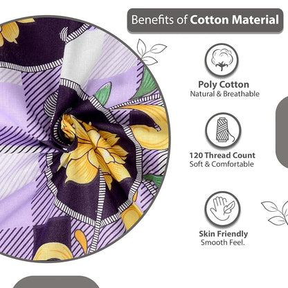 Divine Casa 144 TC 100% Cotton Bedsheet for Single Bed Floral Print with 1 Pillow Cover Colour Royal Lilac