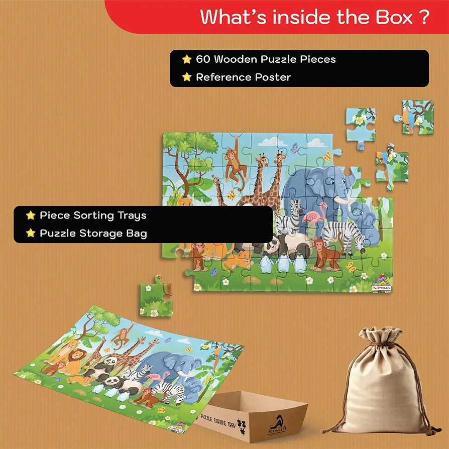 Playhills Wooden Puzzle Wild Animals Together in The Zoo 60 Puzzle Pieces, Ideal Holiday/Birthday Gift for Kids 3,4,5,6,7 Years