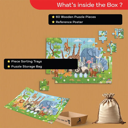 Playhills Wooden Puzzle Wild Animals Together in The Zoo 60 Puzzle Pieces, Ideal Holiday/Birthday Gift for Kids 3,4,5,6,7 Years
