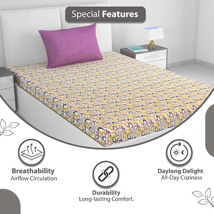 Divine Casa 144 TC 100% Pure Cotton Single Bed Bedsheet with 1 Pillow Cover Wavy Pattern Colour Charcoal Yellow