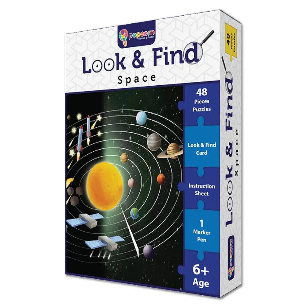 Popcorn Games & Puzzles Look and Find Space 48 Piece Puzzle with 1 Marker for 5 to 8 Years Old Children|Embark On an Interplanetary Puzzle Adventure