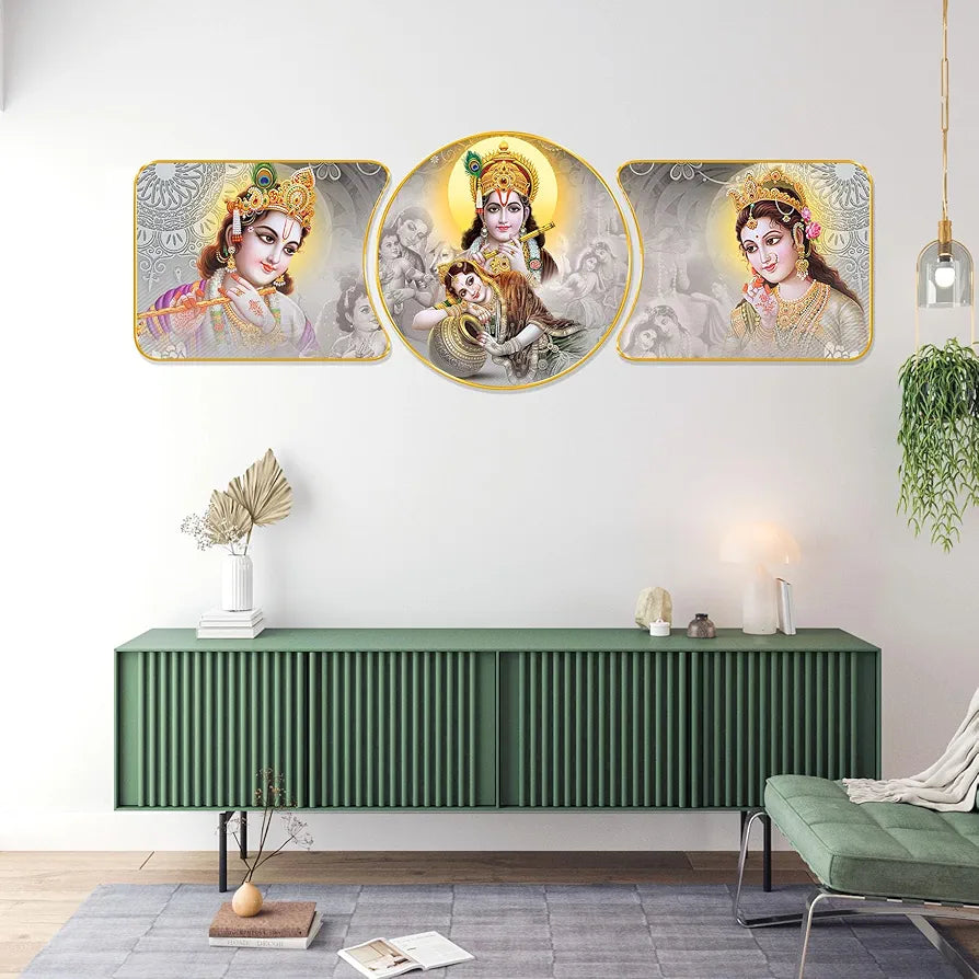 Livin'luxe Paintings Radha Krishna Religious Modern Art Premium Sparkle Lamination Finished Surface Golden Slim Frame RP-40