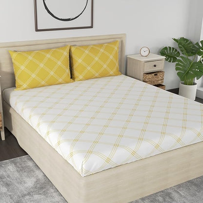 Huesland by Ahmedabad Cotton 186 Tc Bedsheet for King Size Bed With 2 Pillow Covers | White & Yellow