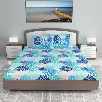 Divine Casa 100% Cotton 144 TC Bedsheet for Double Bed King Size Bedsheet with 2 Pillow Covers Colour Blue