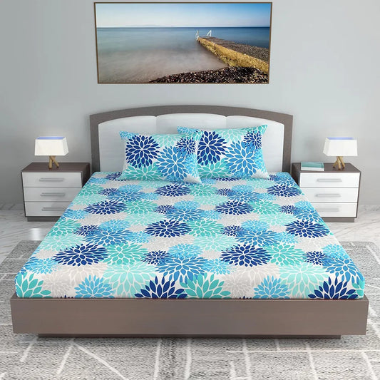 Divine Casa 100% Cotton 144 TC Bedsheet for Double Bed King Size Bedsheet with 2 Pillow Covers Colour Blue