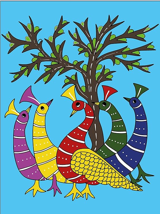 Hobby India Self Paint Beautiful Peacock Canvas - Gond Art | Pre-designed Canvas Board