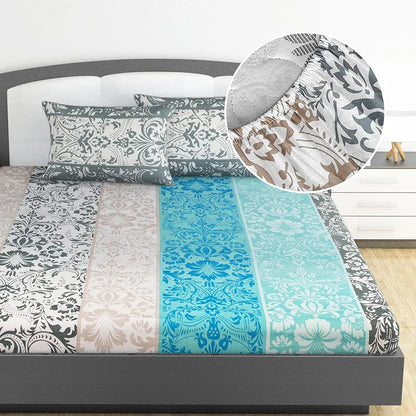 Divine Casa 144 TC 100% Cotton Floral Grey Breathable Bedsheet King Size Bed Cotton Elastic Fitted Colour Air Blue
