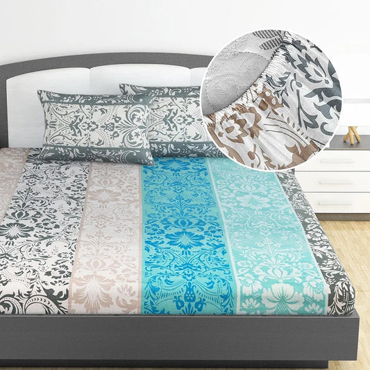 Divine Casa 144 TC 100% Cotton Floral Grey Breathable Bedsheet King Size Bed Cotton Elastic Fitted Colour Air Blue
