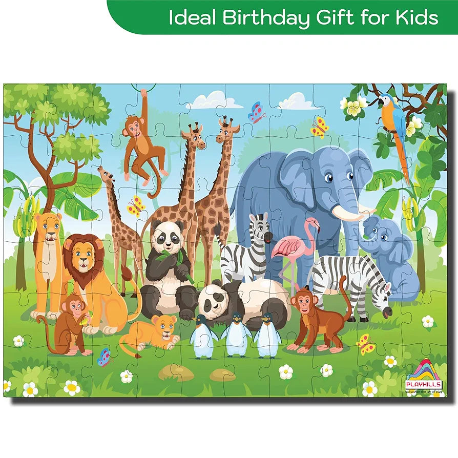 Playhills Wooden Puzzle Wild Animals Together in The Zoo 60 Puzzle Pieces, Ideal Holiday/Birthday Gift for Kids 3,4,5,6,7 Years