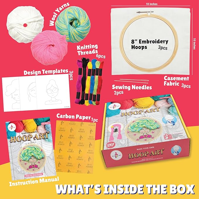 Kalakaram Diy Hoop Art Embroidery Kit, Craft 3 Stunning Hoop Art Designs | Diy Kit for Kids & Adults | Craft Kit for Girls