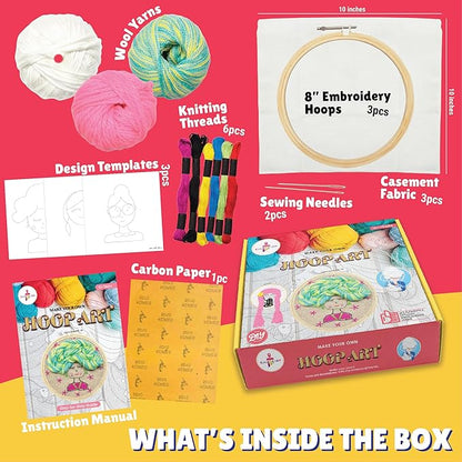 Kalakaram Diy Hoop Art Embroidery Kit, Craft 3 Stunning Hoop Art Designs | Diy Kit for Kids & Adults | Craft Kit for Girls