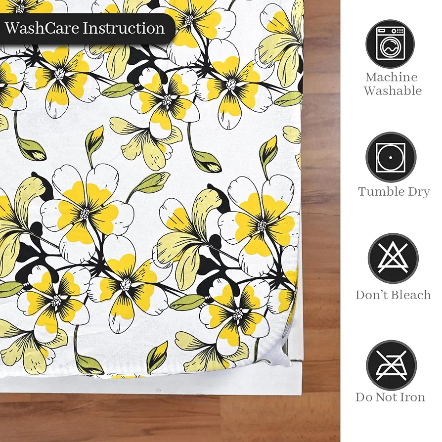 Divine Casa Floret 100% Cotton King Fitted Bedsheet 144 TC Deep Pocket Design Soft & Breathable Fabric Colour Daffodil Yellow