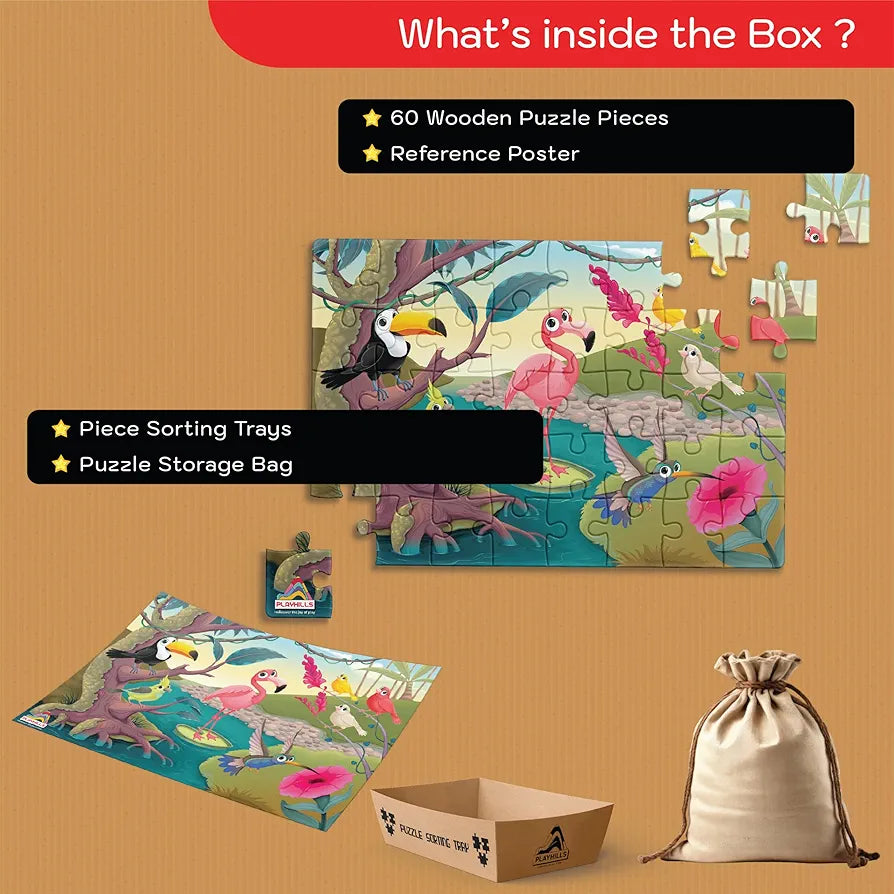 Playhills Wooden Puzzle Colourful Birds in Jungle 60 Puzzle Pieces, Ideal Holiday/Birthday Gift for Kids 3,4,5,6,7 Years