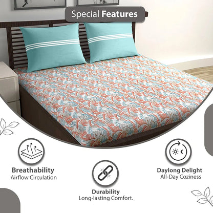 Divine Casa 144 TC 100% Pure Cotton Double Bed Bedsheet with 2 Pillow Covers Tropical Floral Colour Aqua Red