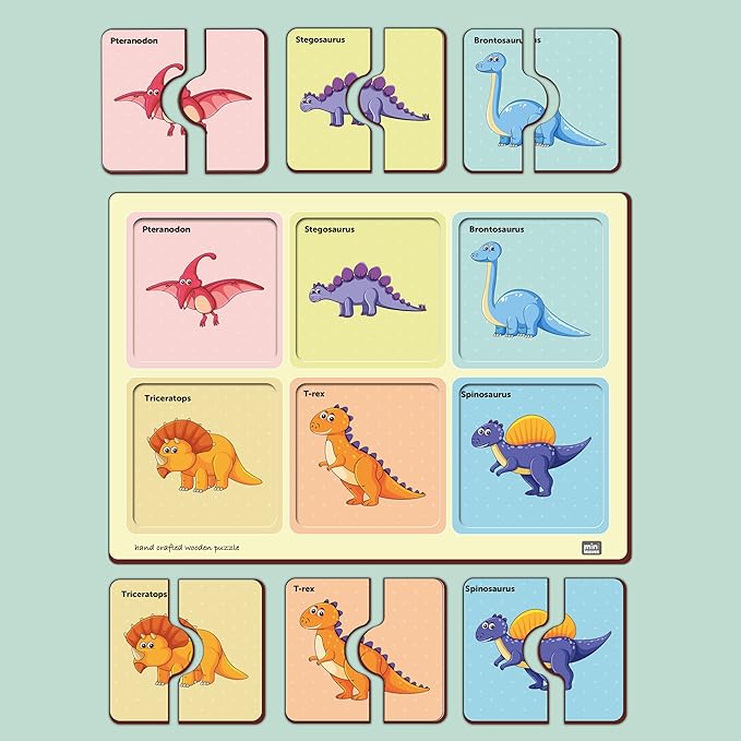 Mini Leaves 2 Piece Puzzle for Kids | Dinosaurs Jigsaw Puzzle | Set of 6 Wooden Puzzles for Kids | Educational Toys for Kids