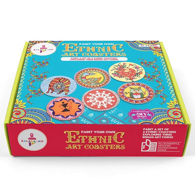 Kalakaram Paint Your Own Ethnic Art Coasters Diy Kit With Design Paint | Painting Set | Kit for Kids