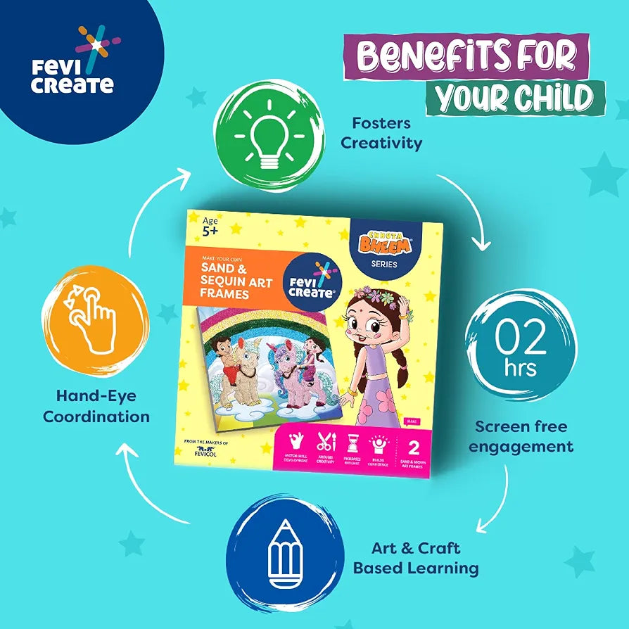 Fevicreate Chhota Bheem Chhutki Sand Sequin Kit | All-in-one Paper Frame Kit | Make 2 picture frames | Birthday Gift | Screen-Free Learning | by Fevicol | Best Gift for Boys & Girls 5+ years