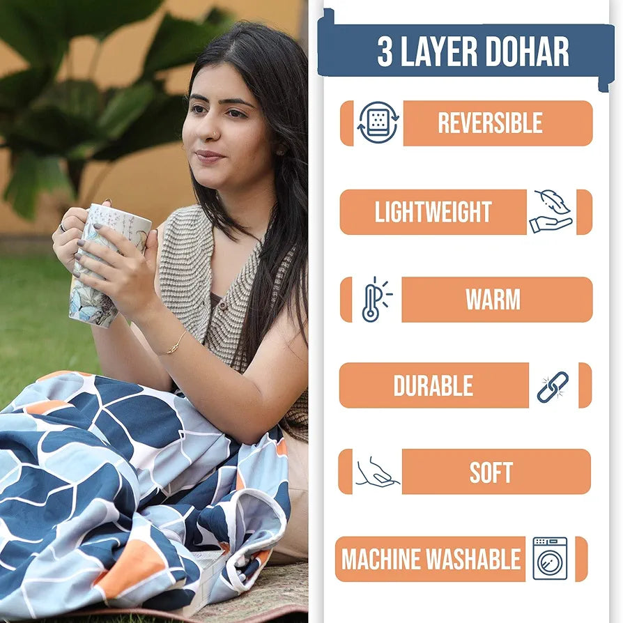 Divine Casa 120 GSM Summer Quilt Brushed Microfibre 3 Layer Breathable Double Bed Dohar AC Blanket TC - 120 Colour Blue and Grey