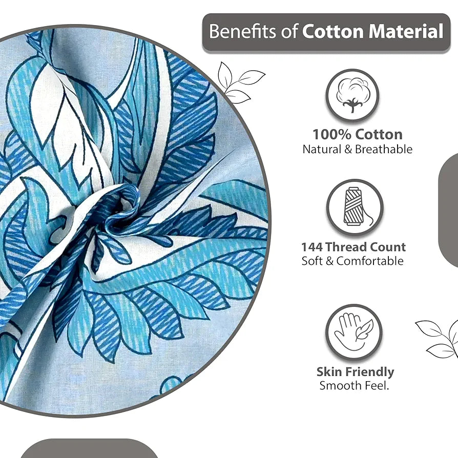 Divine Casa 144 TC 100% Pure Cotton Single Size Bedsheet with 1 Pillow Cover Floral Paisley Colour White Aqua Blue