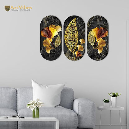 Artvibes Golden Flowers and Leaves Wooden Wall Hanger for Home | Set of 3