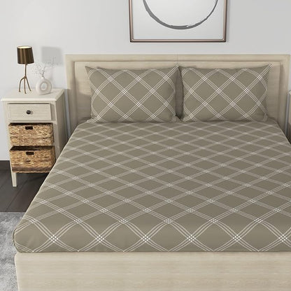 Huesland by Ahmedabad Cotton 186 TC Cotton Bedsheet for Double Bed King Size with 2 Pillow Covers | 9ft x 9ft | Brandon Beige
