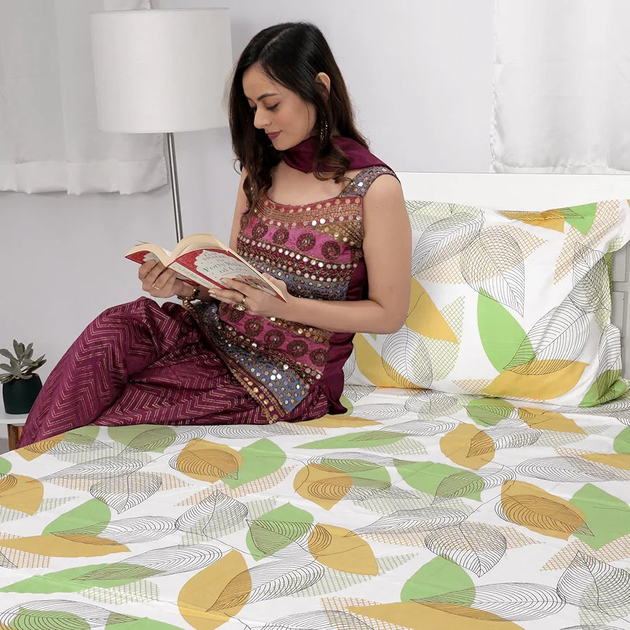 Divine Casa Double Size Bedsheet for Double Bed, 144 TC Pure Cotton Queen Size with 2 Pillow Covers Floral Colour Sage & Mustard