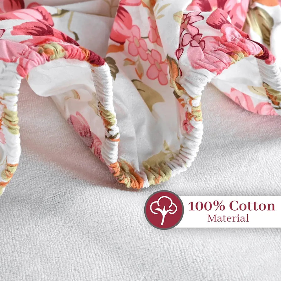 Divine Casa Floret 100% Cotton King Fitted Bedsheet 144 TC Deep Pocket Design Soft & Breathable Fabric Colour Rosy Retreat