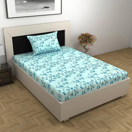 Divine Casa Bedsheet for Single Size Bed 144 TC Cotton Bedsheet for Single Size Bed with 1 Pillow Cover  Floral Colour Frost Blue