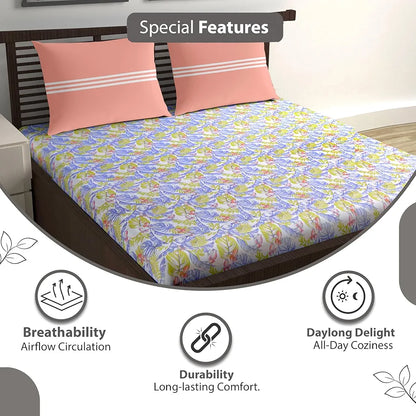 Divine Casa 144 TC Cotton Double Bedsheet with 2 Pillow Covers Tropical Breeze Colour Lavender Gold