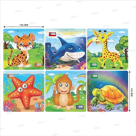ABYZ Wooden Animal and Under Water Animal Tiger+Monkey+Giraffe+Turtle+Shark+Starfish Puzzle - 9 Pieces (Set of 6)