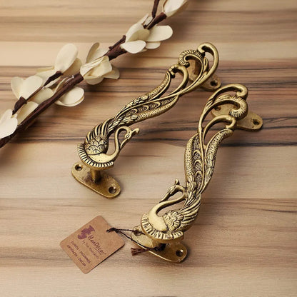 Two Moustaches Peacock Design 7 Inches Brass Door Handle Pair - Antique Yellow Standard