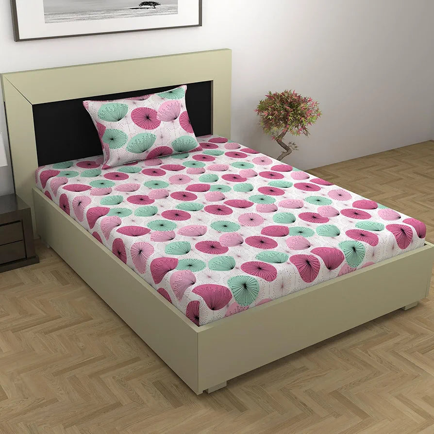 Divine Casa 144 TC 100% Cotton Single Bedsheet with 1 Pillow Cover Floral Pattern Colour Dusty Pink
