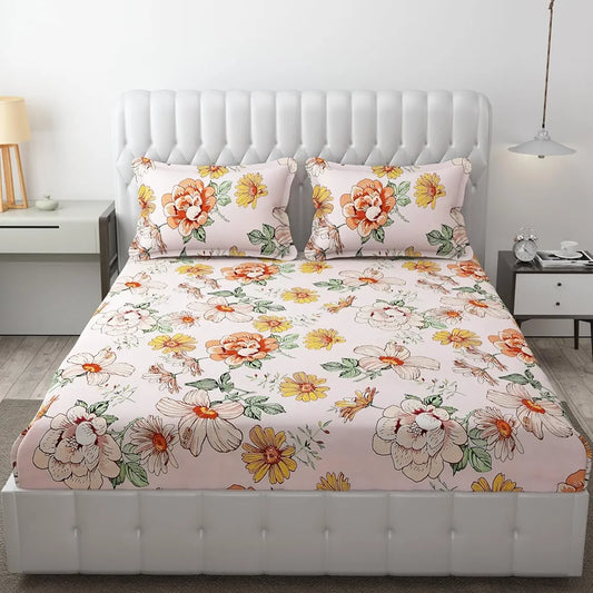 Fresh From Loom Elastic Fitted Floral Bed Sheets Bed Covers for Mattresses Tuck in King Size with Two Pillow Cover 144 TC Soft Pink