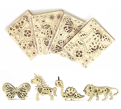 Funvention Engineered Jungle Wood Fun Fidgets DIY Miniature Mechanical Lion, Unicorn, Dino and Butterfly Models STEM Learning 3D Puzzle Kit -Set of 4