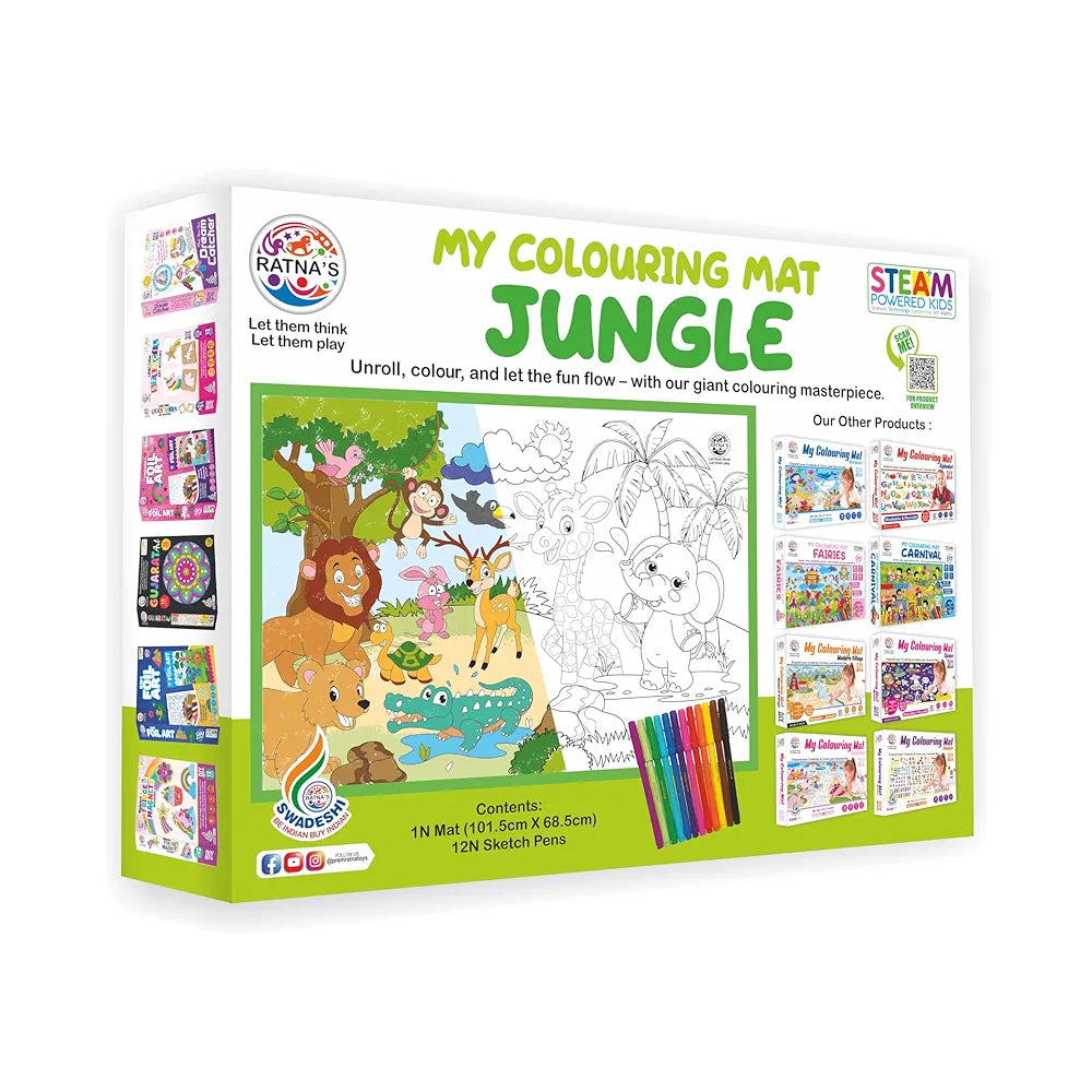 Ratna's My Coloring Mat Jungle Printed Mat of Size 40 x 27 Inches, Washable & Reusable Colouring Kit for Kids 3+ Years