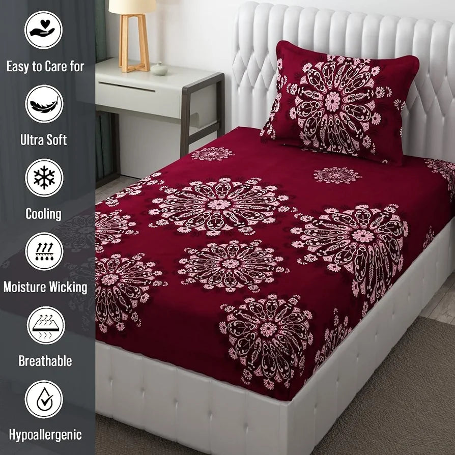 Fresh From Loom Floral Single Bedsheet Size Microfiber Bedsheet Set-Printed Hypoallergenic Wrinkle Free with 2 Pillow Covers 144 TC Wine