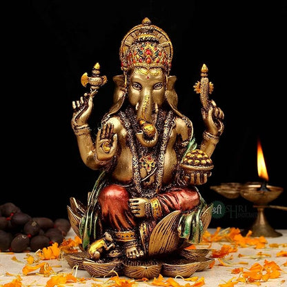 Indicast 7" Inch Cold Cast Resin Ganesh Showpiece Antique Decor | Metal Finish