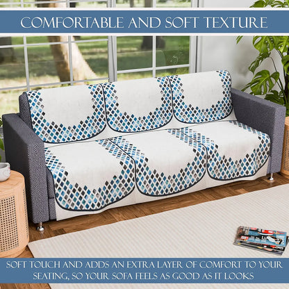 Kuber Industries Set of 6 Velvet 3 Seater Sofa Covers for Living Room Dot Border Grey & Blue